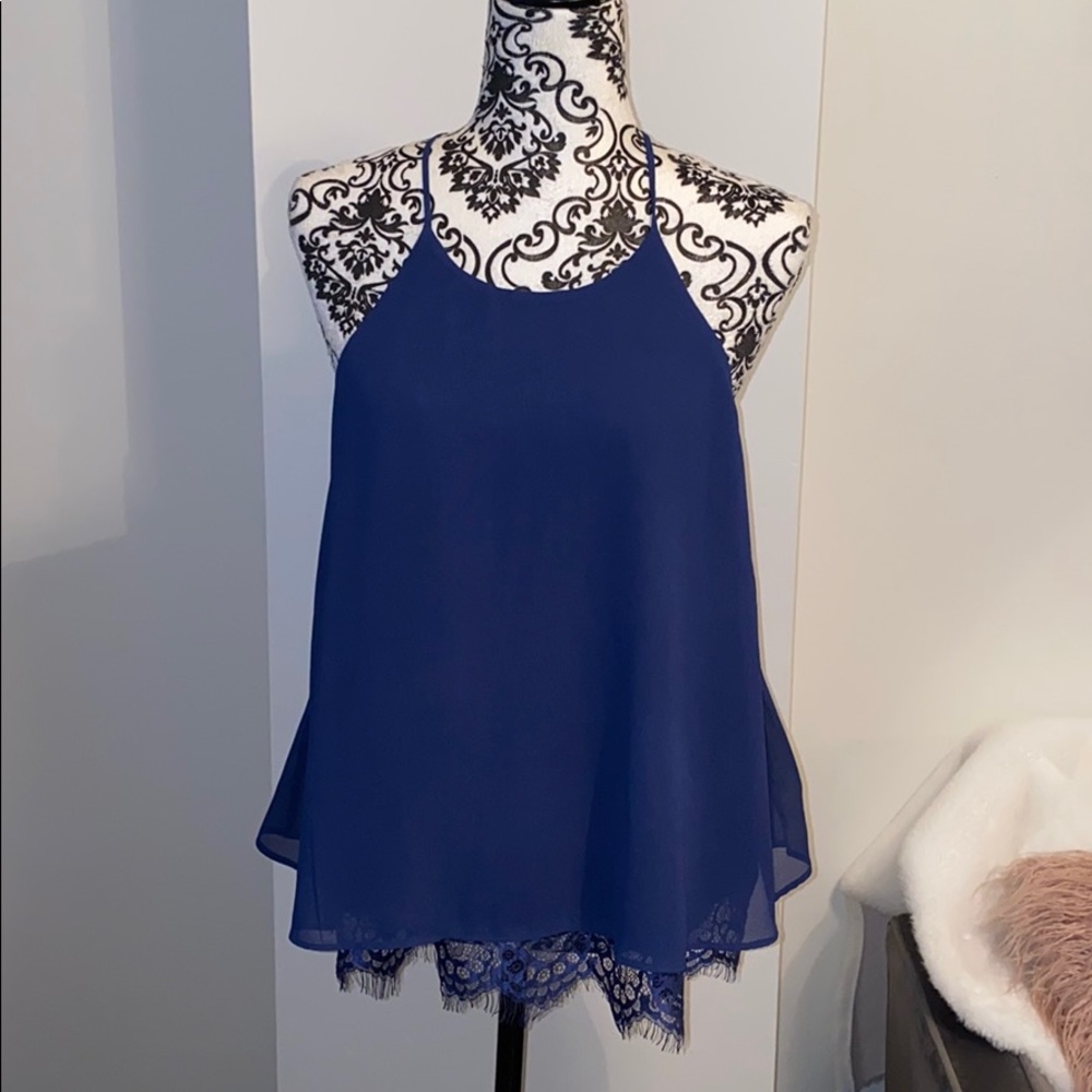 Soprano- navy chiffon top with lace hem peek a boo